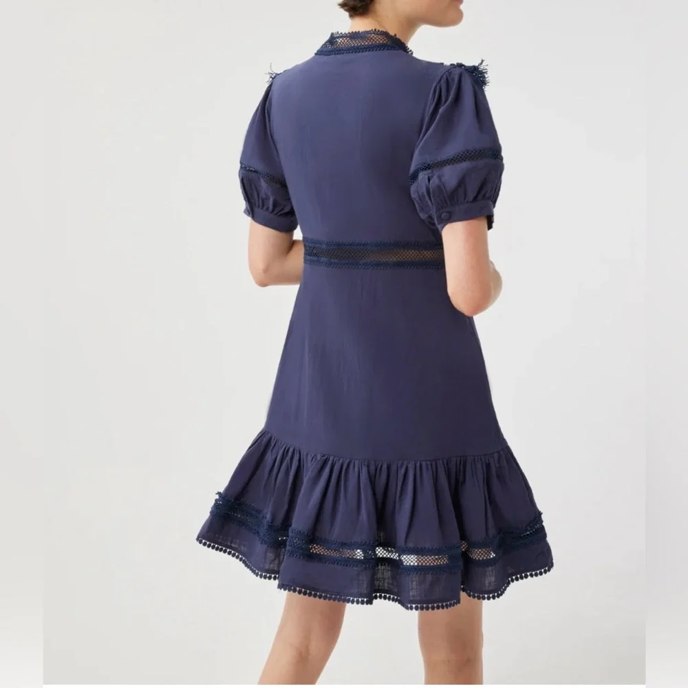 Navy Blue Lace Trim Dress - Picture 4 of 15
